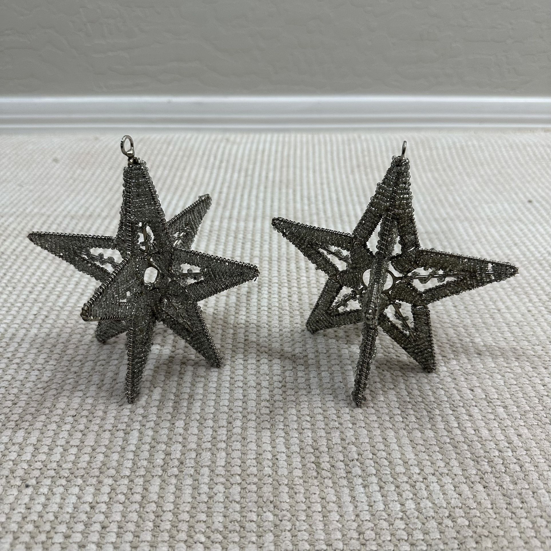 Set Of 2 Silver Beaded Large Ornaments 
