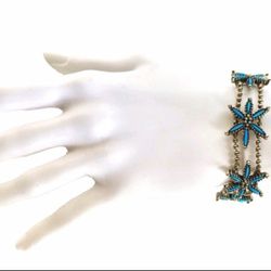 Vintage 1970s Faux Turquoise & Silver Tone Metal Bracelet, Blue Flowers 7-1/4"