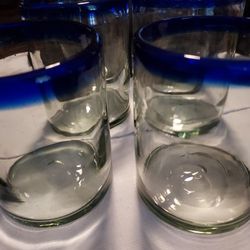 Hand Blown Blue Rimmed Tumblers Set of 6
