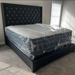 🎄💥Brand New Black Diamond Tufted Tall Headboard King & Queen Size Bed Frame - Mattress  + Box Spring 