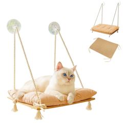 Cat Window Perch with Cool Mat, Cat Window Hammock with Replaceable Cushion Bed, Natural Color Wood with 4 Strong Suction Cups, Safety Window Bed for 