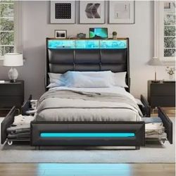 Twin Bed Frame with 4 Storage Drawers, Twin Size Platform Bed with Charging Station and Storage Shelves, Upholstered Headboard and Footboard with LED 