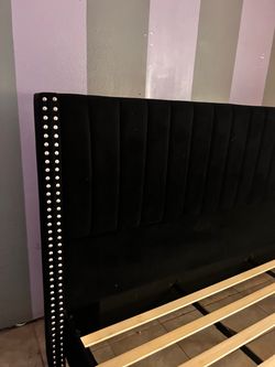 King Black Velvet Upholstered Bed Frame with Headboard