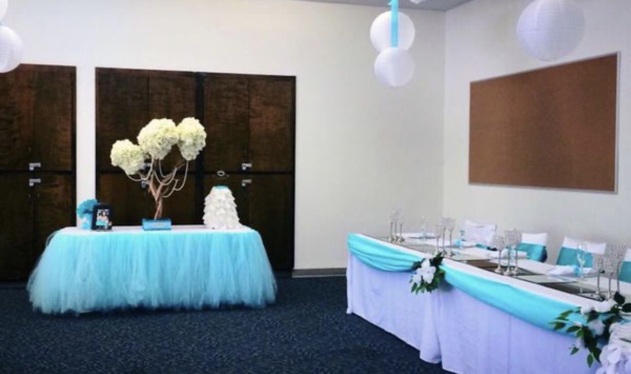 Aqua colored tulle skirt for baby shower or quince table