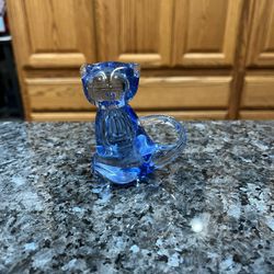 Blue Hand Blown Art Glass Small Cat Kitten Kitty Figurine Paperweight.  Preowned 