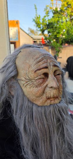 Realistic Old Man / Wise Wizard Latex Mask with Long Gray Hair & Beard