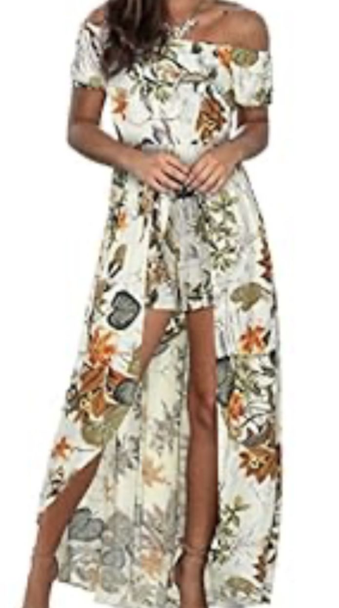 Off Shoulder Floral Romper Long Sundress
