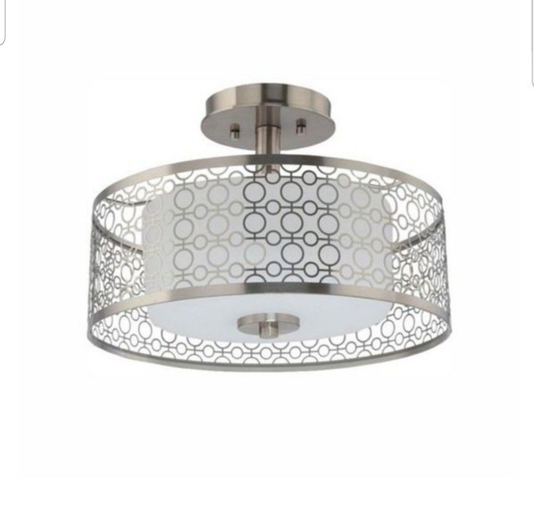 Home Decorators 14 in. 1-Light Brushed Nickel Integrated LED Semi-Flush Mount with Circular Patterned Outer Shade and Glass Inner Shade, Brand New,