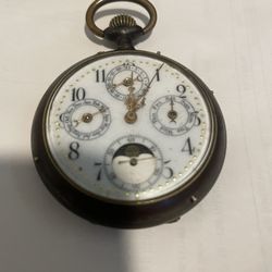Antique Swiss Moonphase Triple Calendar Pocket Watch c.1900 Running Enamel Dial All Functions