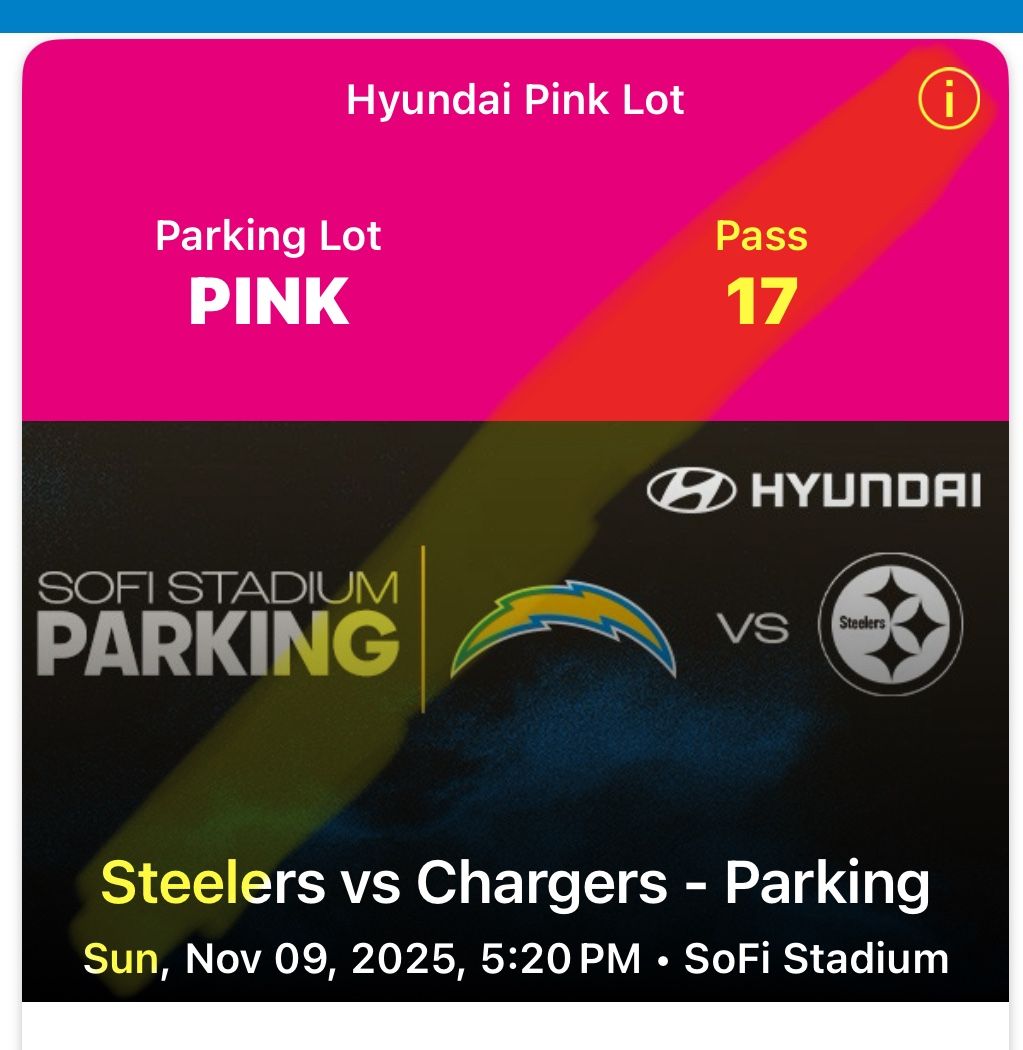 SNF Chargers / Steelers 9 Nov pink Tailgate Parking