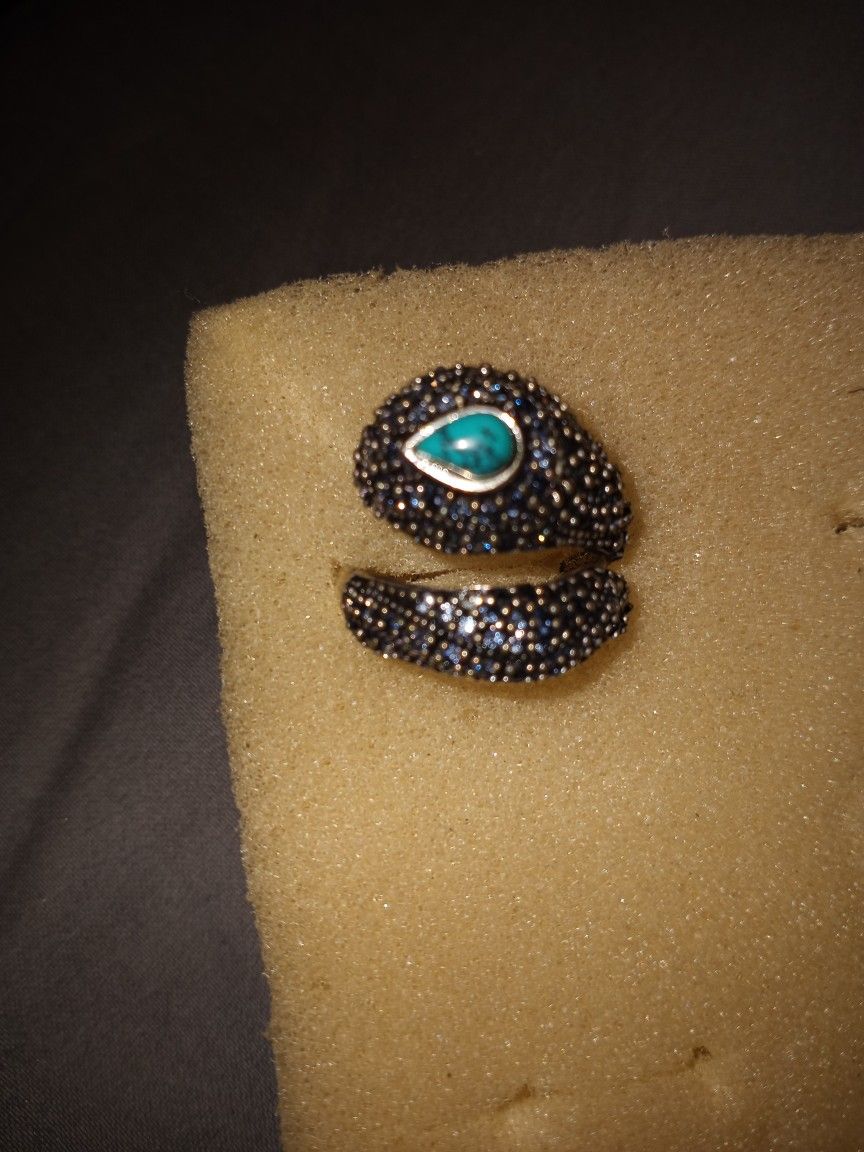 Turquoise Stone With Baby Rhinestines Sterling Silver Ring