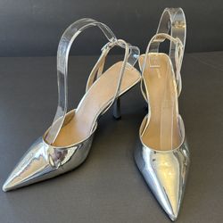 PrettyLittleThing Women’s Silver Metallic Point  Toe Buckle Strap Heels Size 9