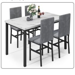 Hooseng 5-Piece Dining Table Set for 4 with Faux Marble Top & Velvet Chairs, Space Saving Modern Kitchen Table Set 