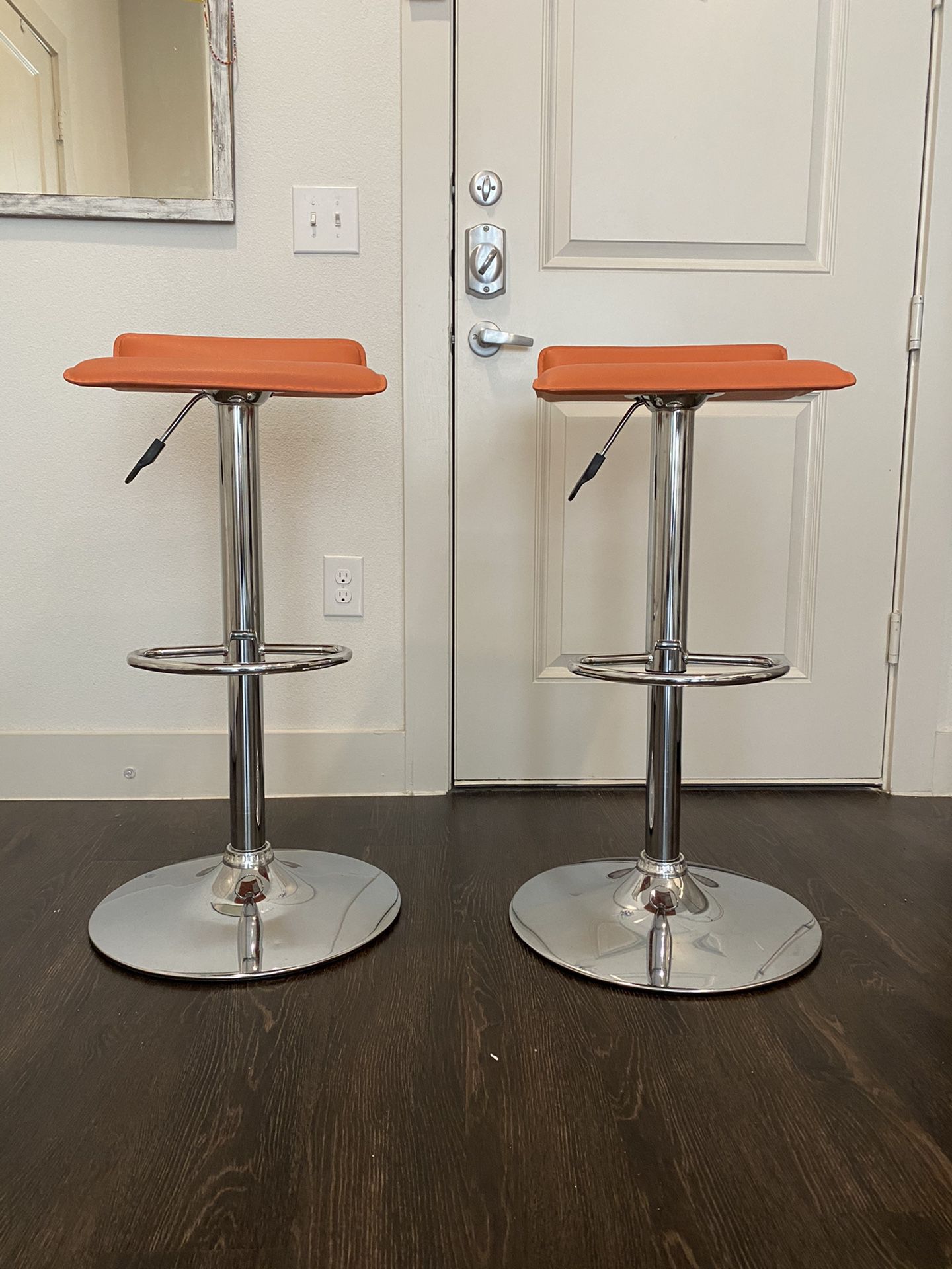 (Set of 2) Modern Orange & Chrome Adjustable Swivel Bar Stools