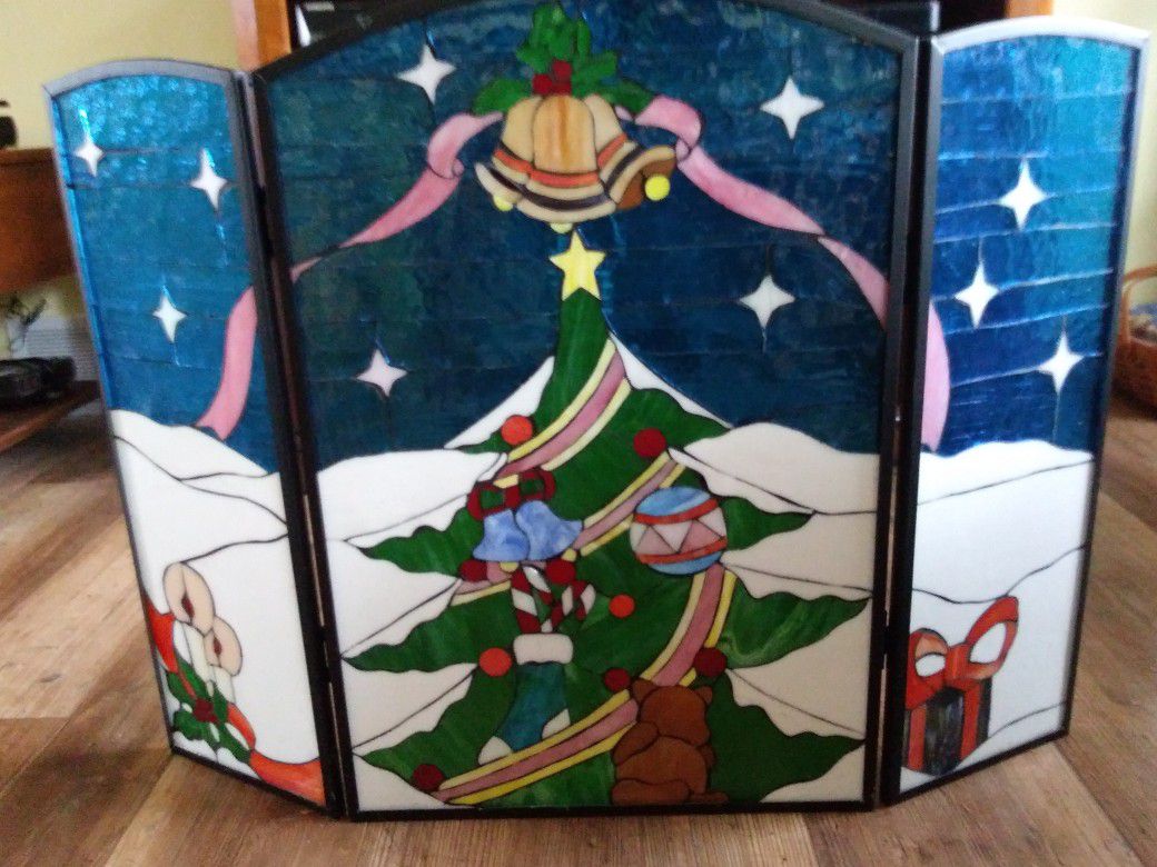 Stained glass Christmas fireplace screen. 36 inches long. 24 inches high.Also use as a decorative piece.
