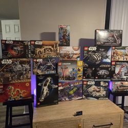 Massive collection of new LEGO sets in original boxes. Includes various themes like Star Wars, Technic, Creator Expert, and LEGO Ideas. Features popul