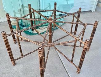 Large Mid Century McGuire Hexagonal Bamboo Rattan Leather Strapped Dining Table w/ Glass Top