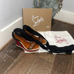 Christian Louboutin Pink Espadrille Wedge Sandals with Black Ankle Ties