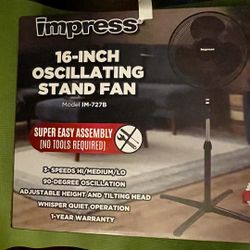 Pickup Today At Spring Valley -Brand New. Sealed box- Impress 16-inch Oscillating Stand Fan In Black