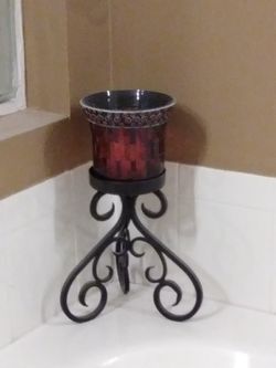 Red mosaic candle holder on stand