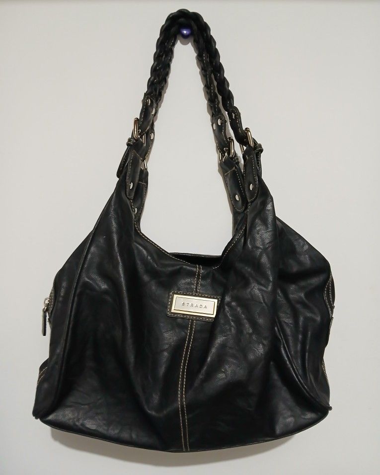 Strada Women's Black Shoulder Bag Purse With Braided Strap PVC