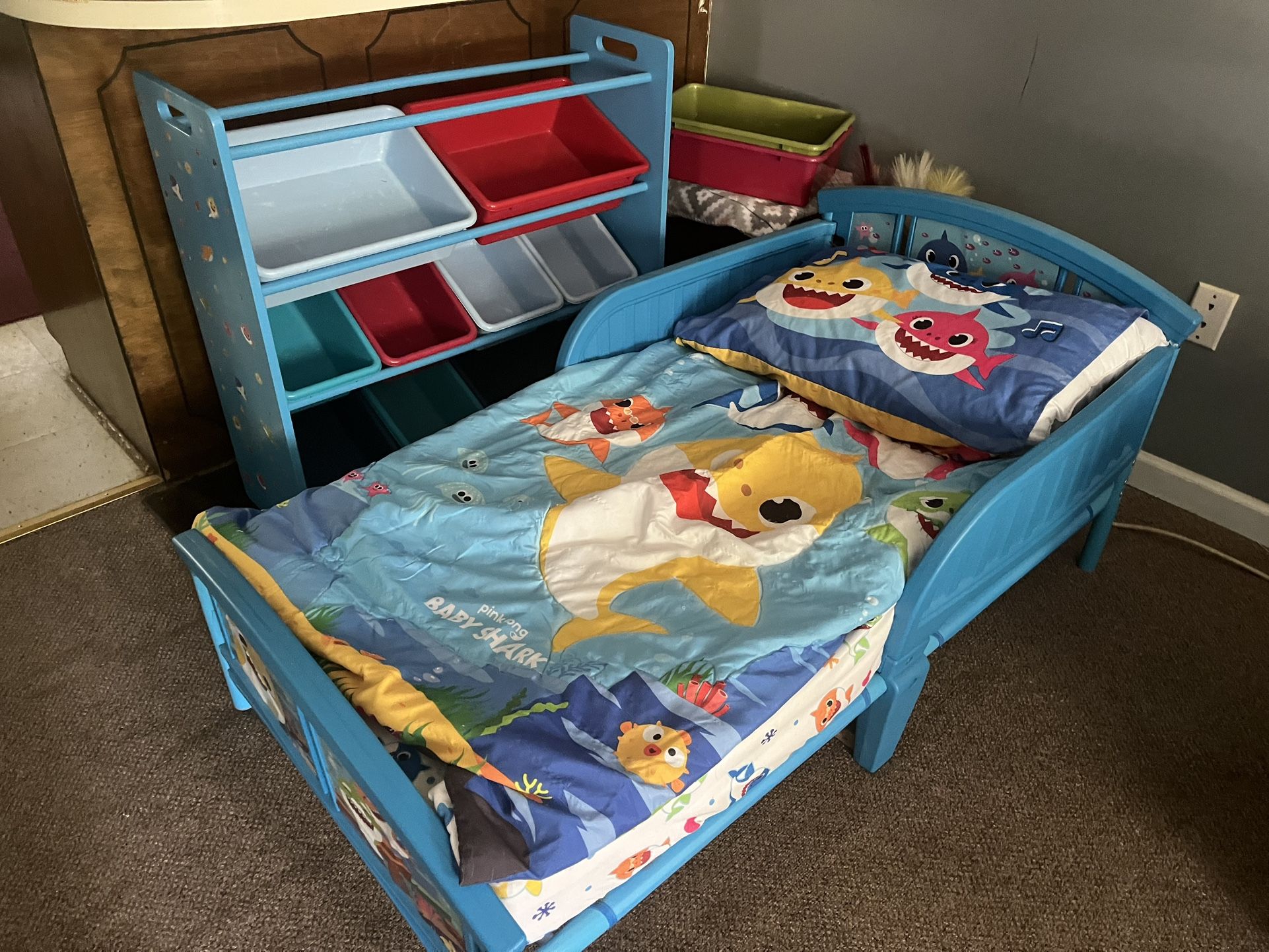 Baby Shark Bedroom Set. Bed Curtains Pillow Blanket Toy Bin