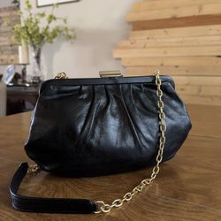 HOBO Vintage Black Leather Pleated KissLock GoldPlated Chain Strap Shoulder Bag