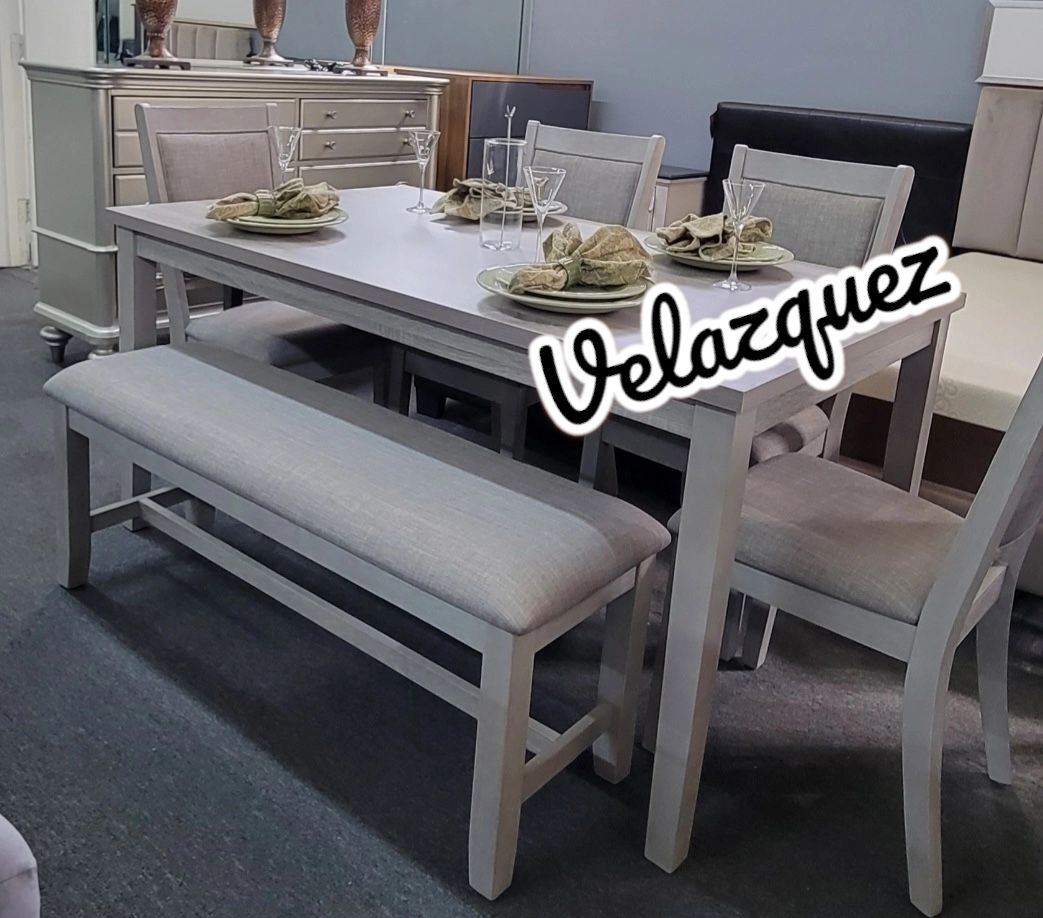 ✅️✅️ 6 pc light finish wood  dining table set padded seat chairs and bench ✅️✅️
