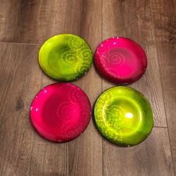 8" glass salad/luncheon plates, set of 4, embossed scroll/swirl pattern, transparent jewel-toned finish (lime green and ruby red), great condition