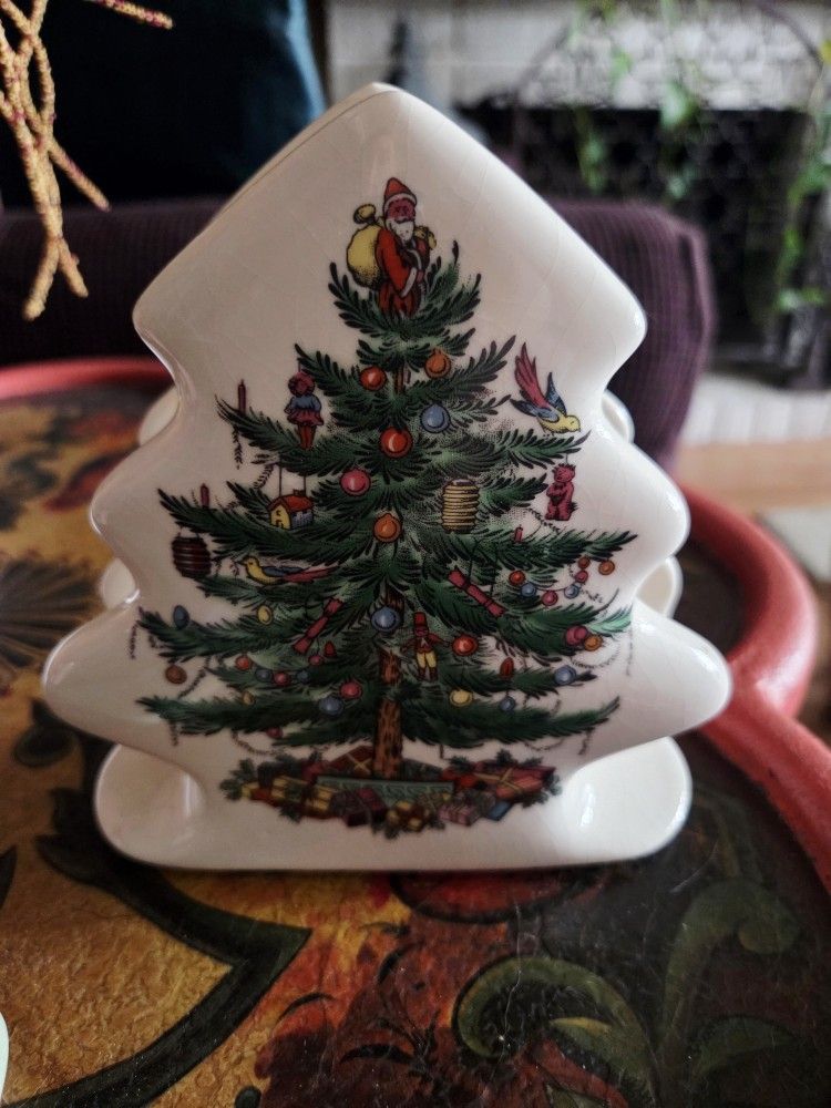 Vintage Spode Ceramic Christmas Tree Napkin Holder.