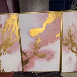 Pink & Gold Abstract 3-Panel Wall Art Set – Modern Glam Decor