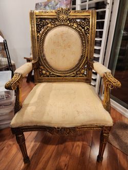 Pair of Vintage Hollywood Regency Ornate Gold Armchairs – Upholstery Project – $325