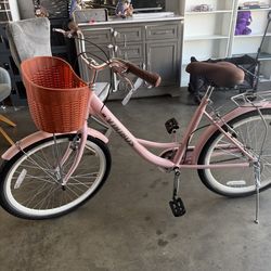 Viribus 24" City Cruiser Bicycle for Women, with Carbon Steel Frame, Double V Brakes, Basket, Commuter Bike for Women and Adults, Pink