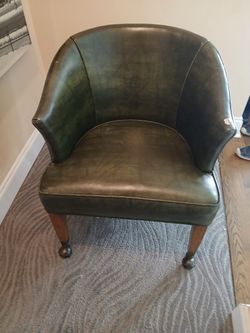 Pair of Green Leather Barrel Chair with Wood Legs