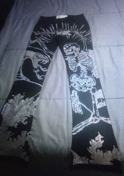 Black Rhinestone Skeleton Graphic Flare Pants