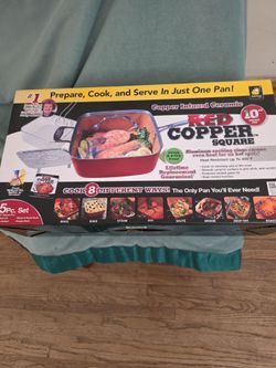 New Red Copper 10" Square Pan 5-Piece Cookwork Set - Brand New Sealed