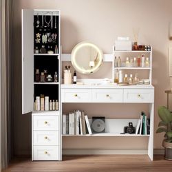 Pamapic Full-Length Mirror Vanity Desk with Lights and Jewelry Storage Cabinet