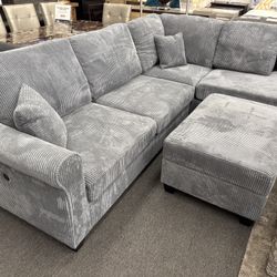 New Dark Gray 3pc Sectional Set w/built-in USB port and Storage Ottoman
