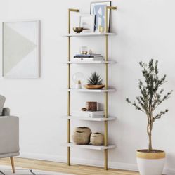 Nathan James Theo White 5-Shelf Ladder Bookcase or Bookshelf with Gold Metal Frame