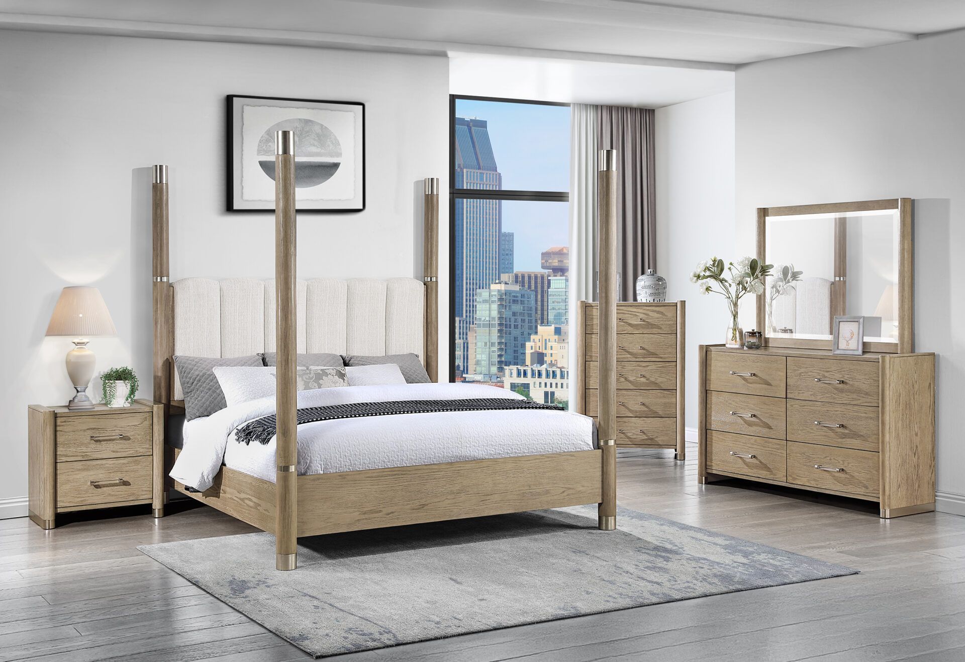 Classic design bedroom set features brown oak finish & four tall bed posts