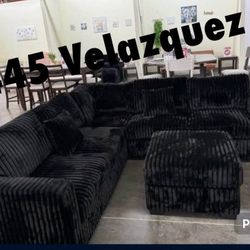 ✅️✅️️✅️4 pc Black  cordury fabric upholstered sectional sofa with ottoman✅️✅️