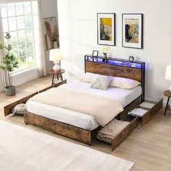 GODEER Rustic Brown Queen Platform Bed Frame with Headboard and 4-Storage Drawers, Charging Station, Smart LED Lights Strips