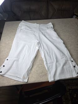 White Linen Blend Wide Leg Cropped Pants Elastic Waist Button Hem Womens XL