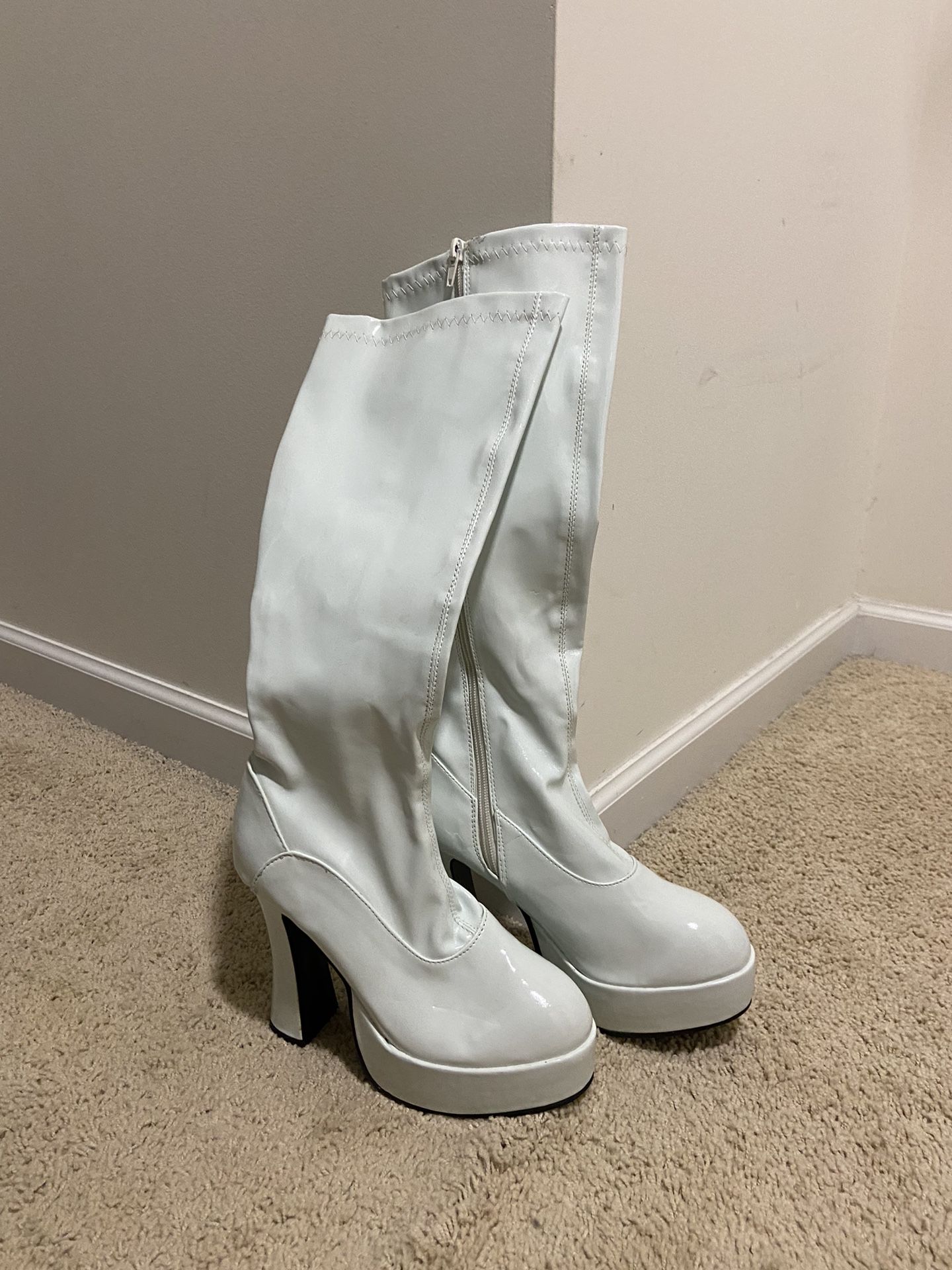 White Leather Platform Boots. 