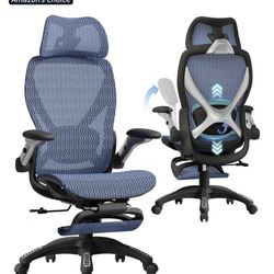 Brand New Blue All Mesh Tall Back Ergonomic Office Chair w/Flip Up Arms & Slide Out Footrest