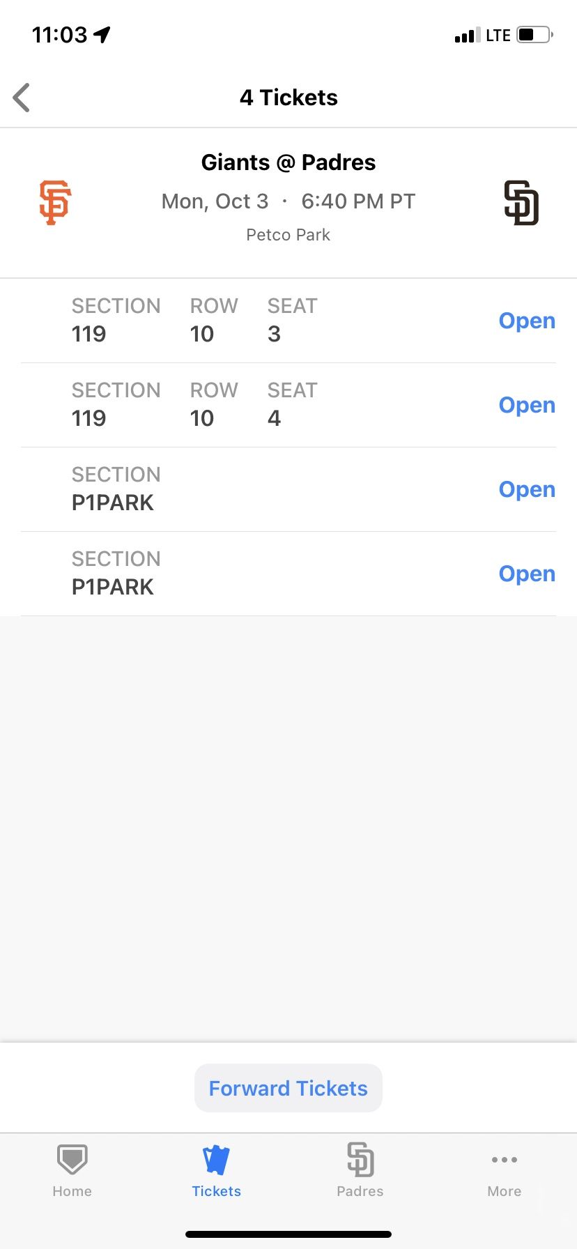 Two Nice San Diego Padres Tickets Tonight Monday October 3 Vs San Francisco Giants (also Parking Available)