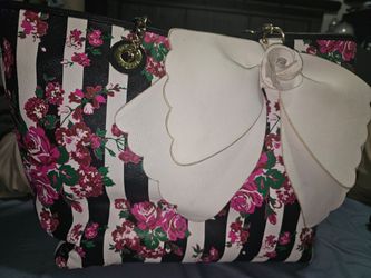 Betsey Johnson Striped & Floral Tote Bag with Large White Bow Rosette