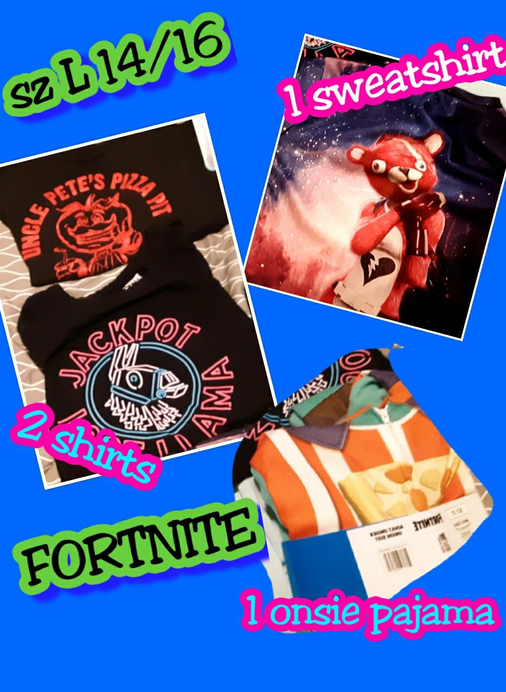 FORTNITE LOT OF 4- 1 SWEATSHIRT-2 SHIRTS - 1 PAJAMAS ONSIE