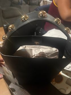 Black Leather Bucket Bag with Gold Studs