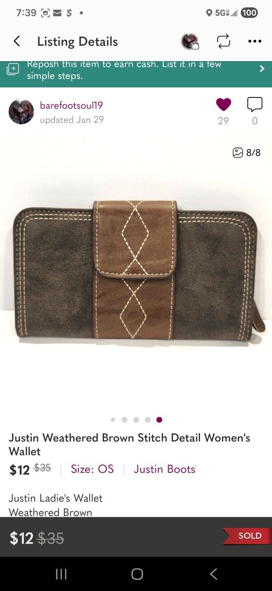 Justin Weathered Brown Stitch Detail Women's Wallet